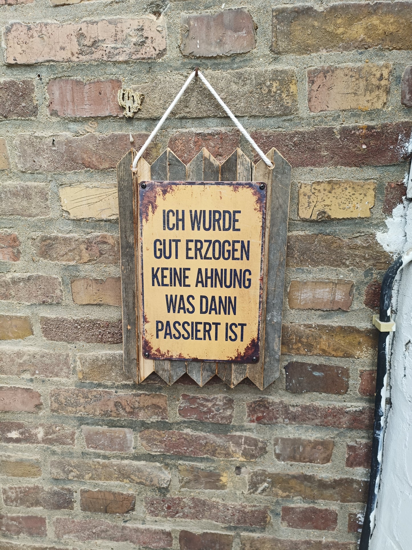 Blechschild „Ich wurde gut erzogen – keine Ahnung, was dann passiert ist, auf Altholz