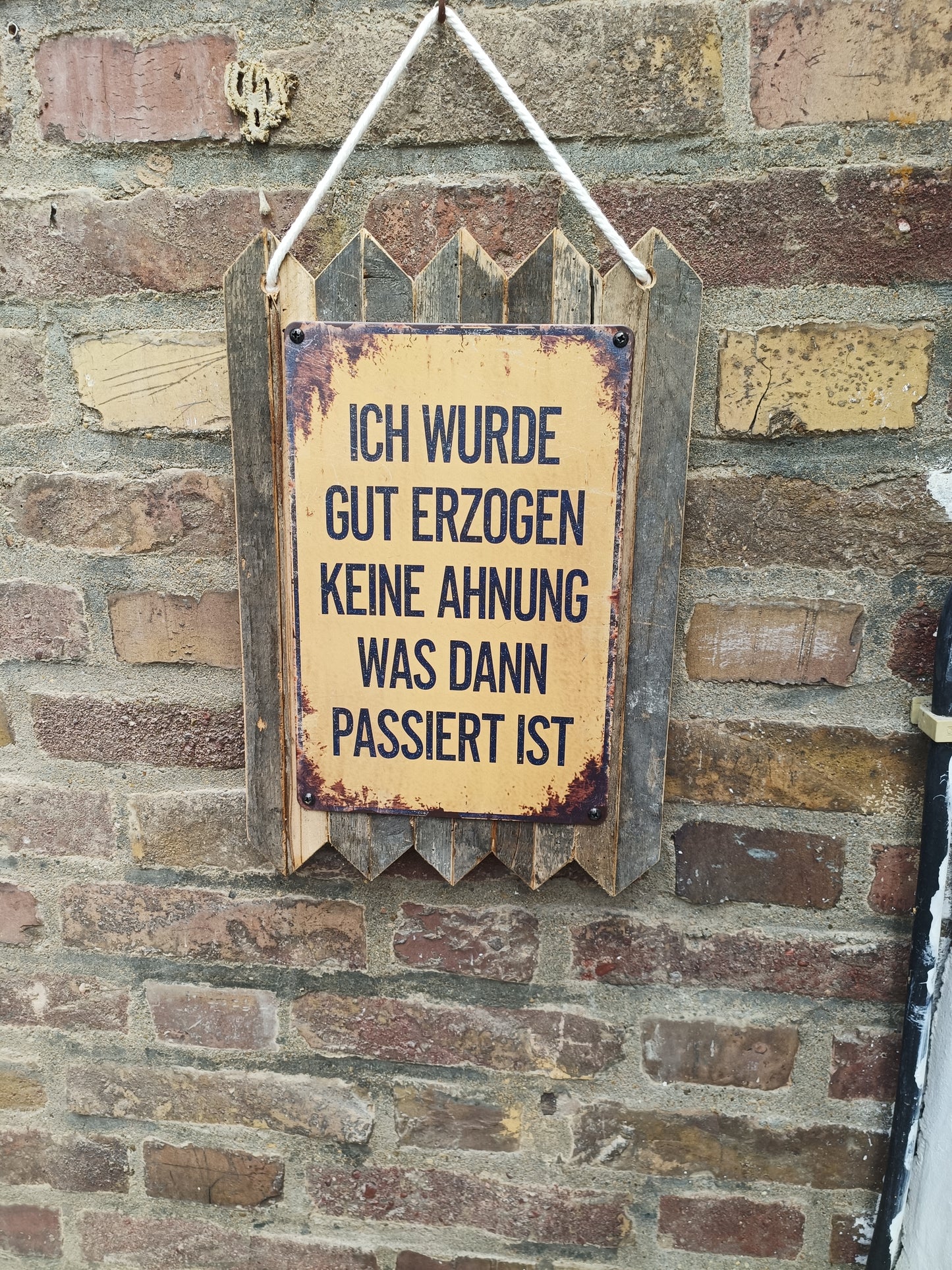Blechschild „Ich wurde gut erzogen – keine Ahnung, was dann passiert ist, auf Altholz