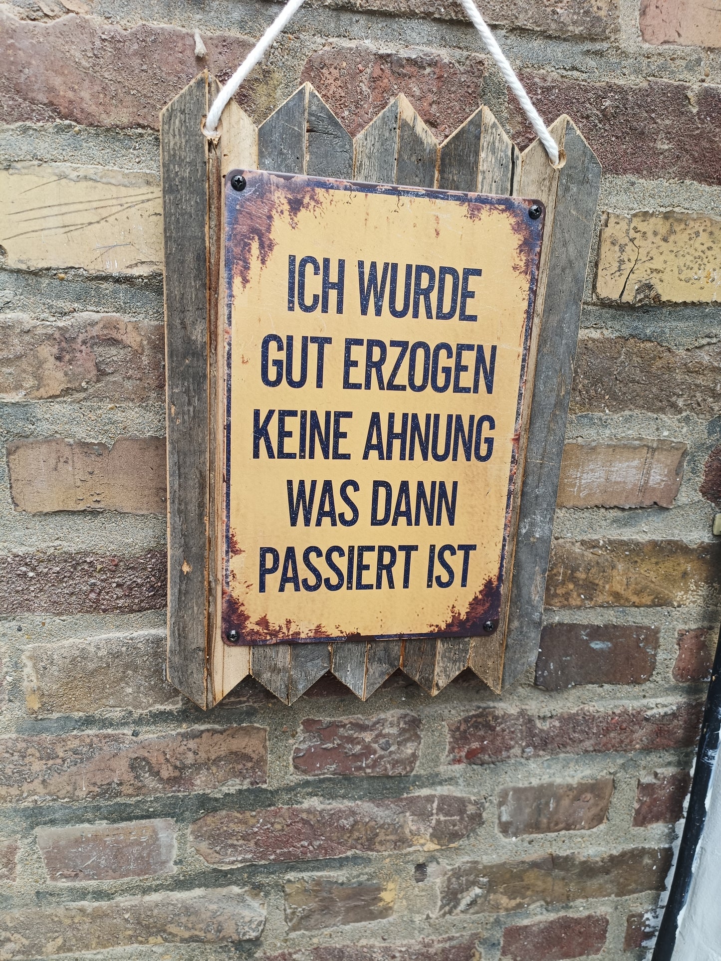 Blechschild „Ich wurde gut erzogen – keine Ahnung, was dann passiert ist, auf Altholz