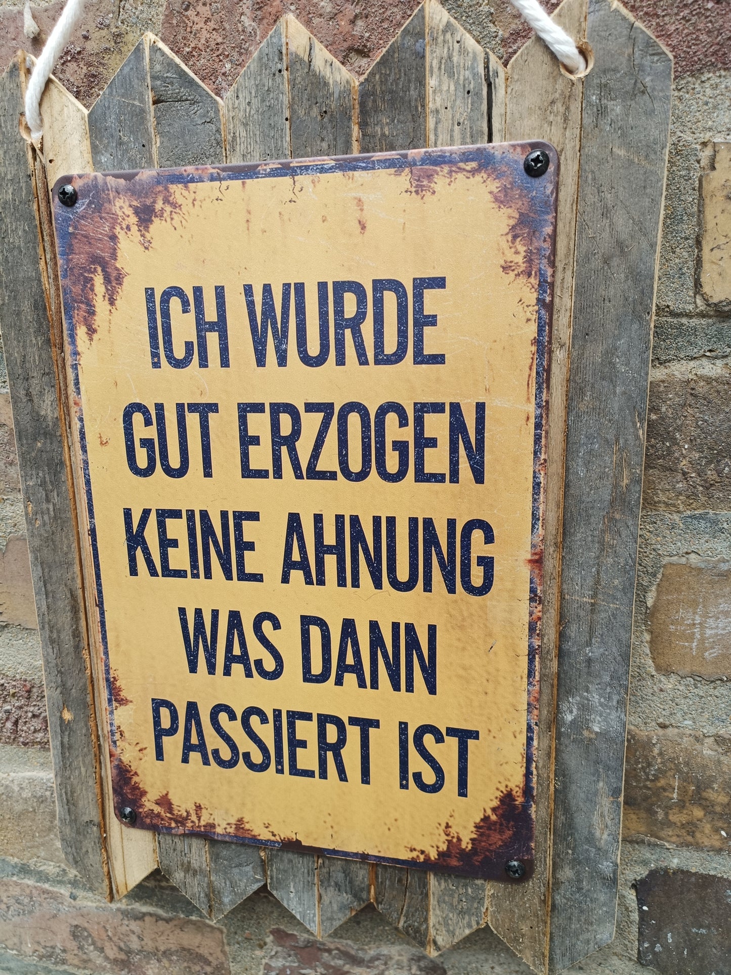 Blechschild „Ich wurde gut erzogen – keine Ahnung, was dann passiert ist, auf Altholz