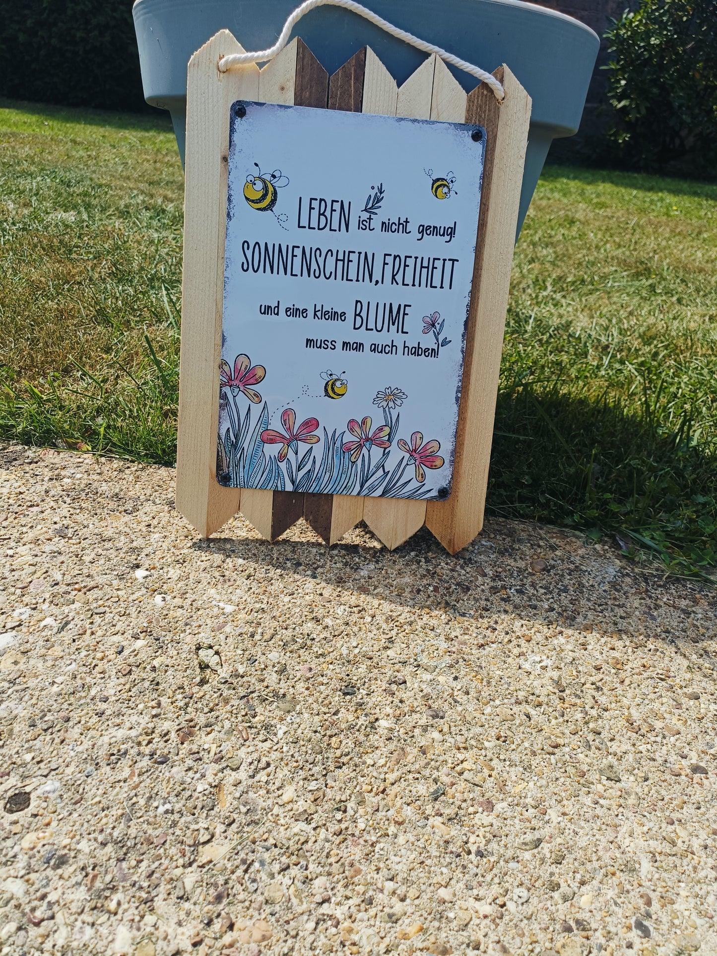 Blechschild " Leben ist nicht genug " Handgefertigt auf Altholz