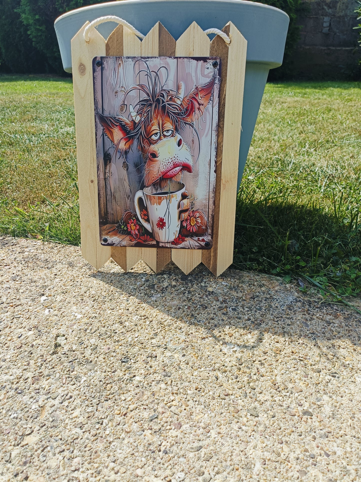 Blechschild " Kuh müde " nicht ansprechen bevor der Kaffee wirkt - Handgefertigte Küchen Deko auf Altholz