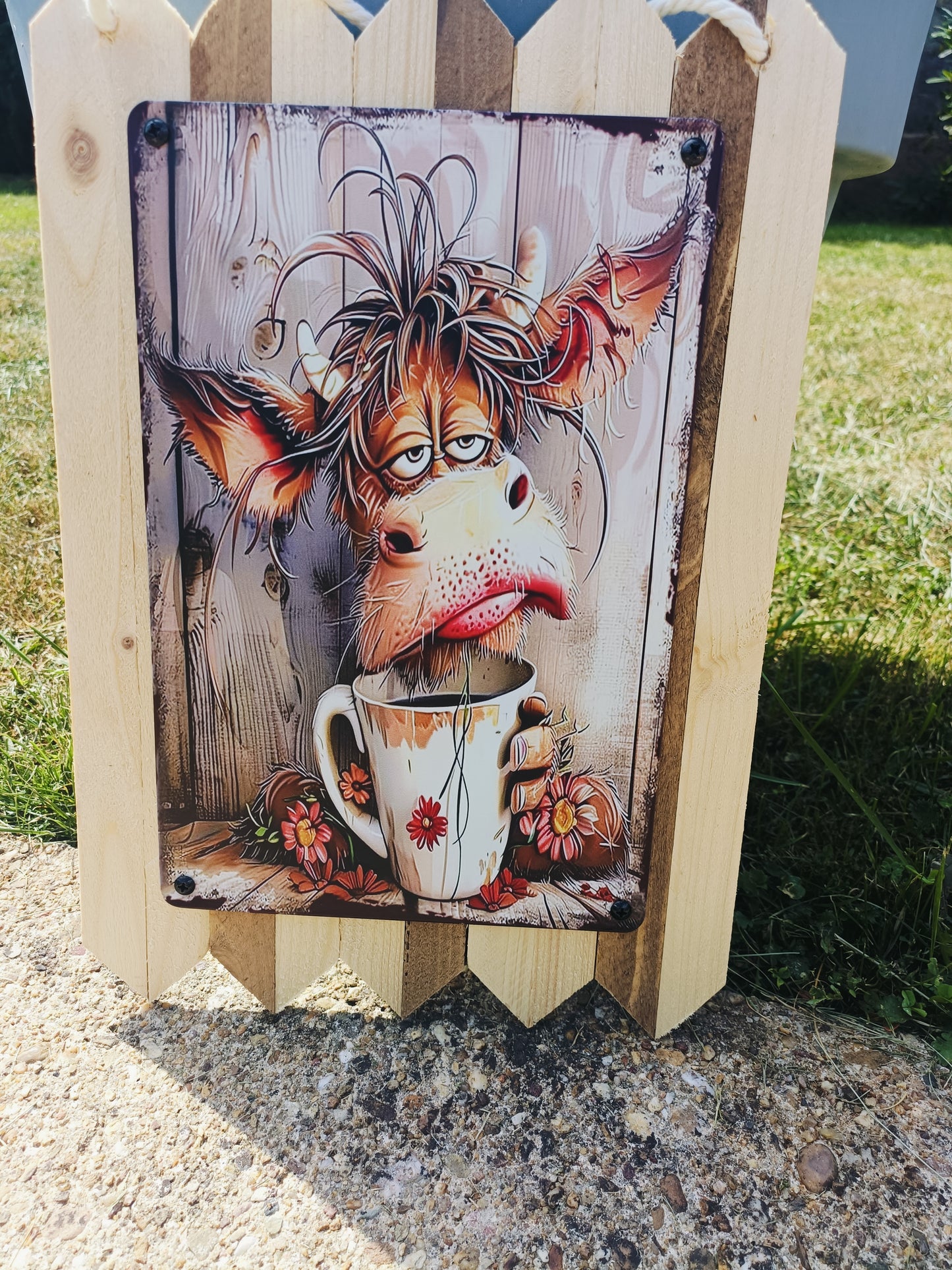 Blechschild " Kuh müde " nicht ansprechen bevor der Kaffee wirkt - Handgefertigte Küchen Deko auf Altholz