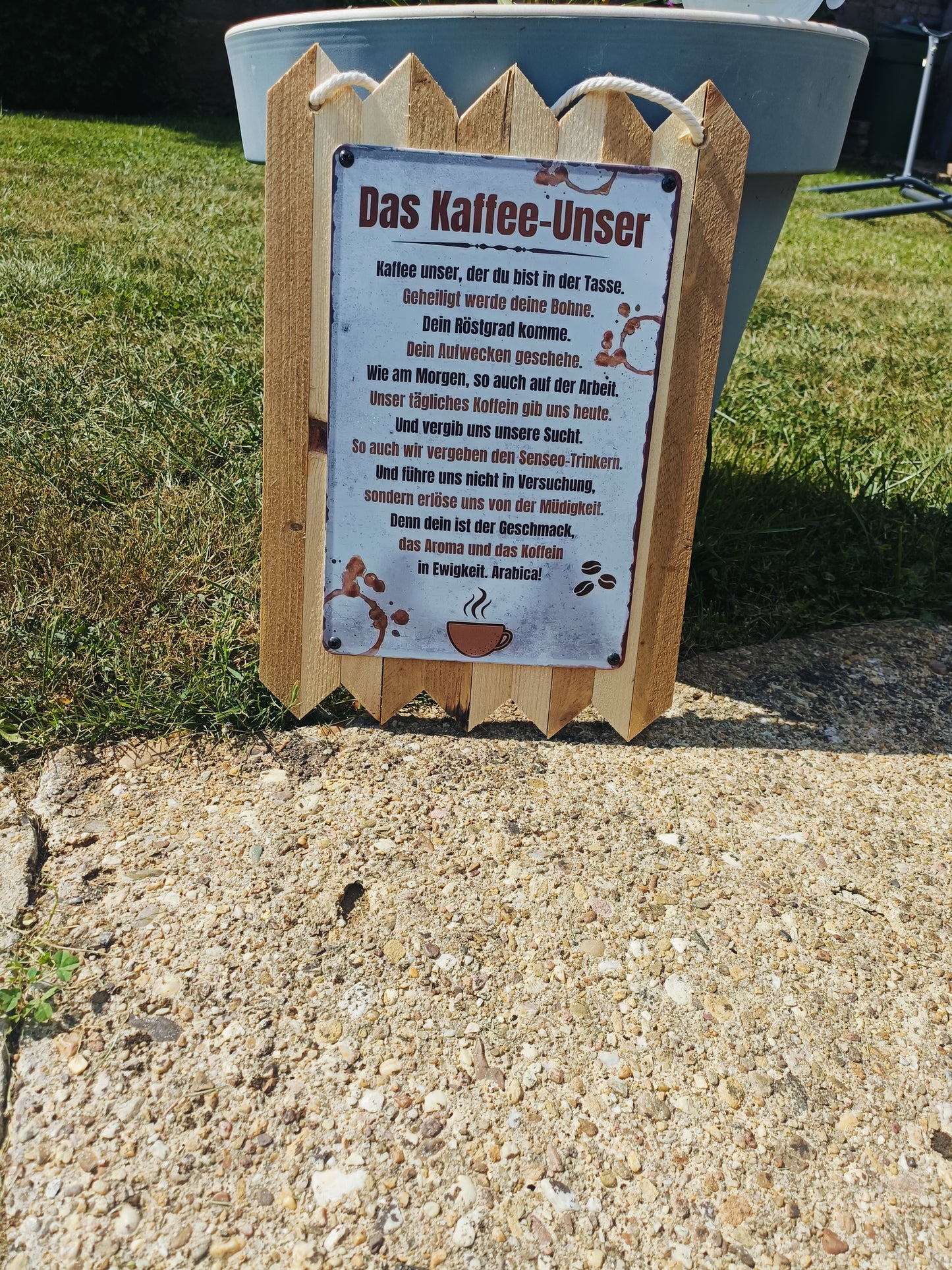 Blechschild  „Kaffee Unser, das Ultimative Deko Schild für Kaffee Liebhaber, auf Altholz