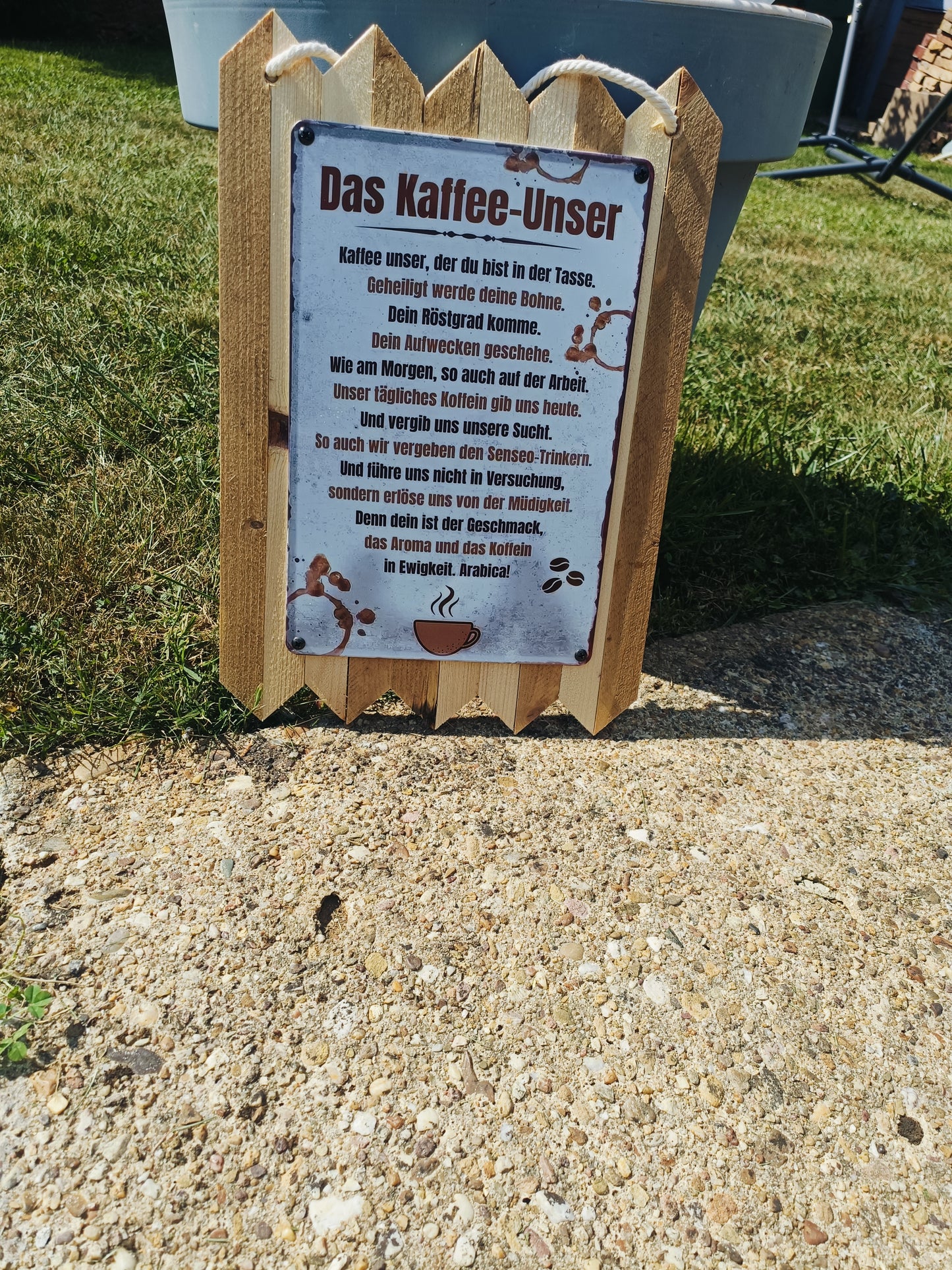 Blechschild  „Kaffee Unser, das Ultimative Deko Schild für Kaffee Liebhaber, auf Altholz