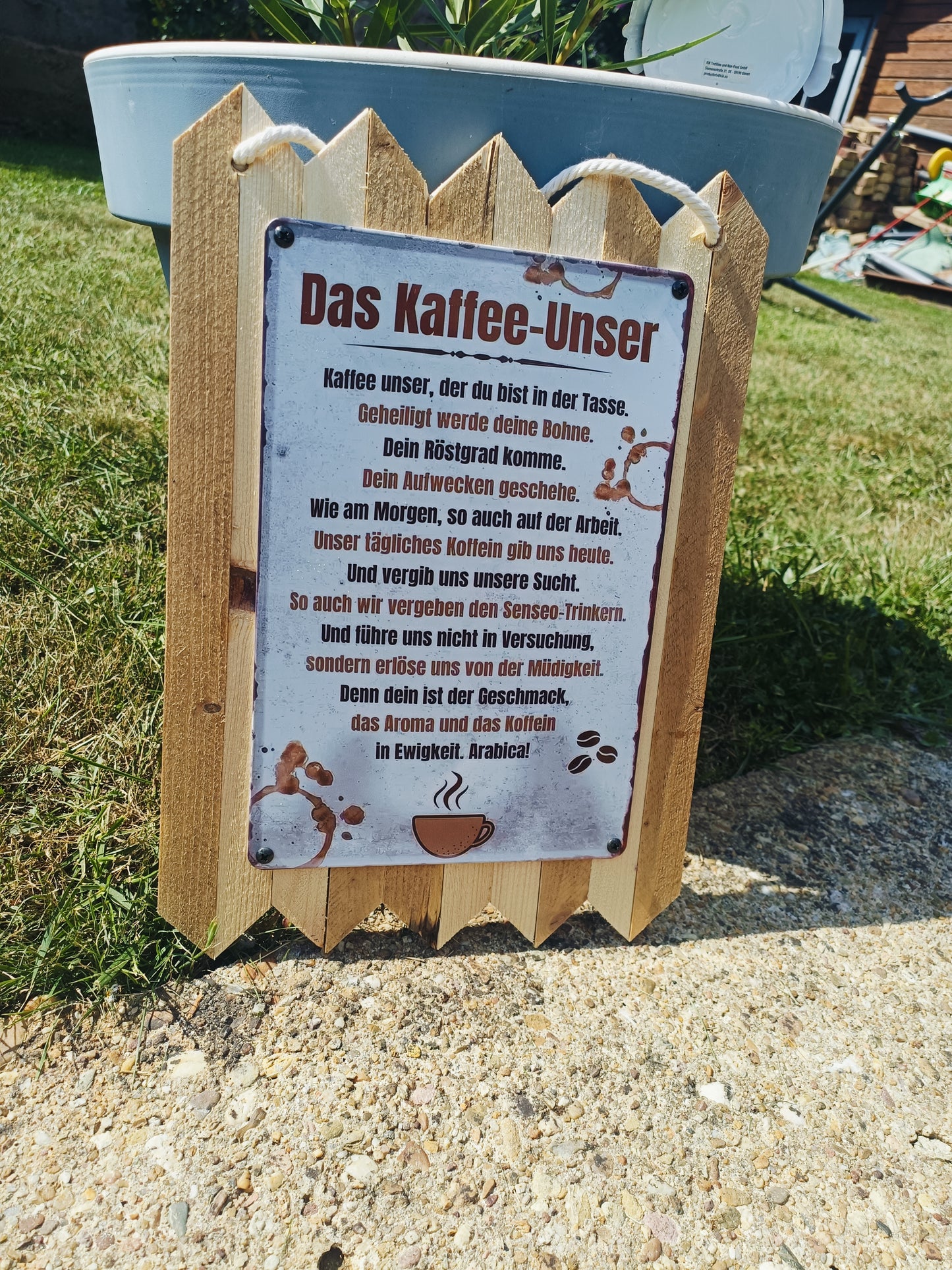 Blechschild  „Kaffee Unser, das Ultimative Deko Schild für Kaffee Liebhaber, auf Altholz