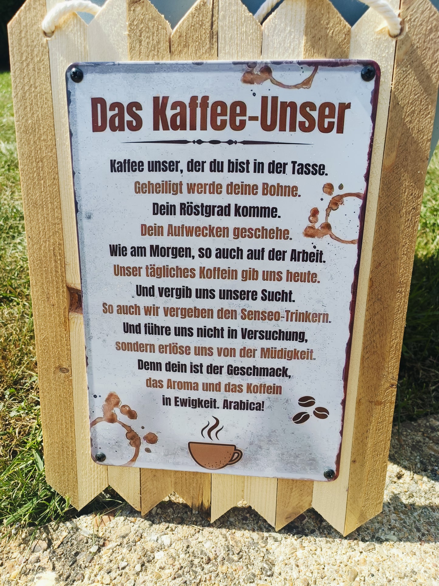 Blechschild  „Kaffee Unser, das Ultimative Deko Schild für Kaffee Liebhaber, auf Altholz