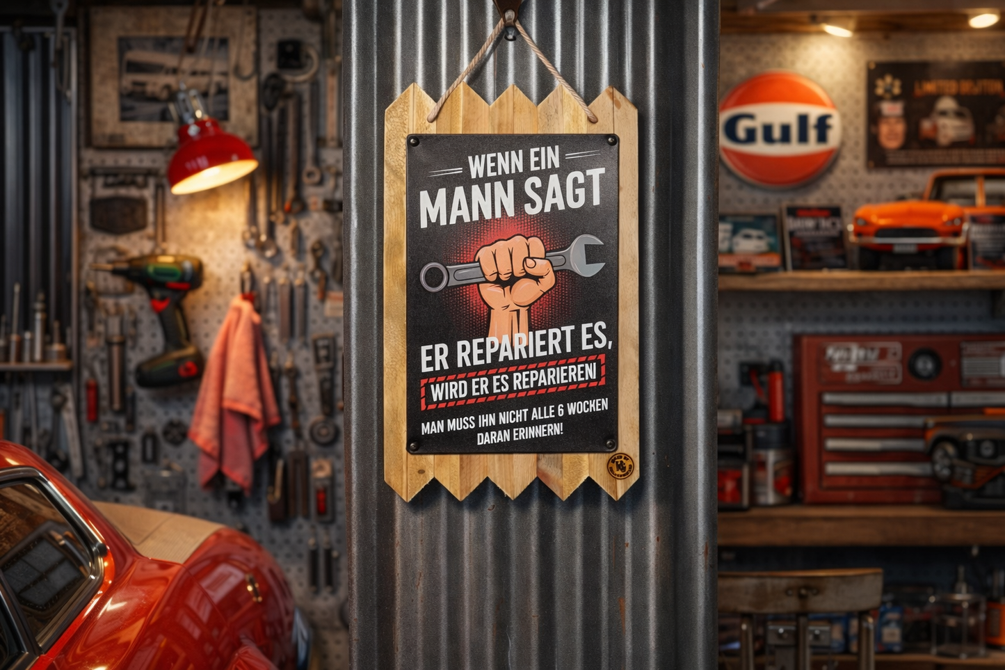 Blechschild  - Wenn ein Mann sagt er repariert es,wird er es reparieren., auf Altholz Geschenkidee 40 x 25 cm