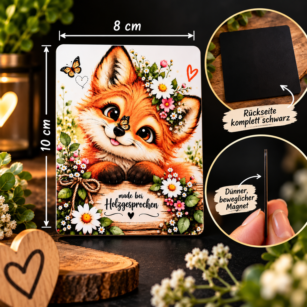 Kühlschrankmagnet Fuchs | Niedlicher Fuchs mit Blumen | 8x10 cm | Geschenk für Tierliebhaber | Fuchs Deko | Made by Holzgesprochen