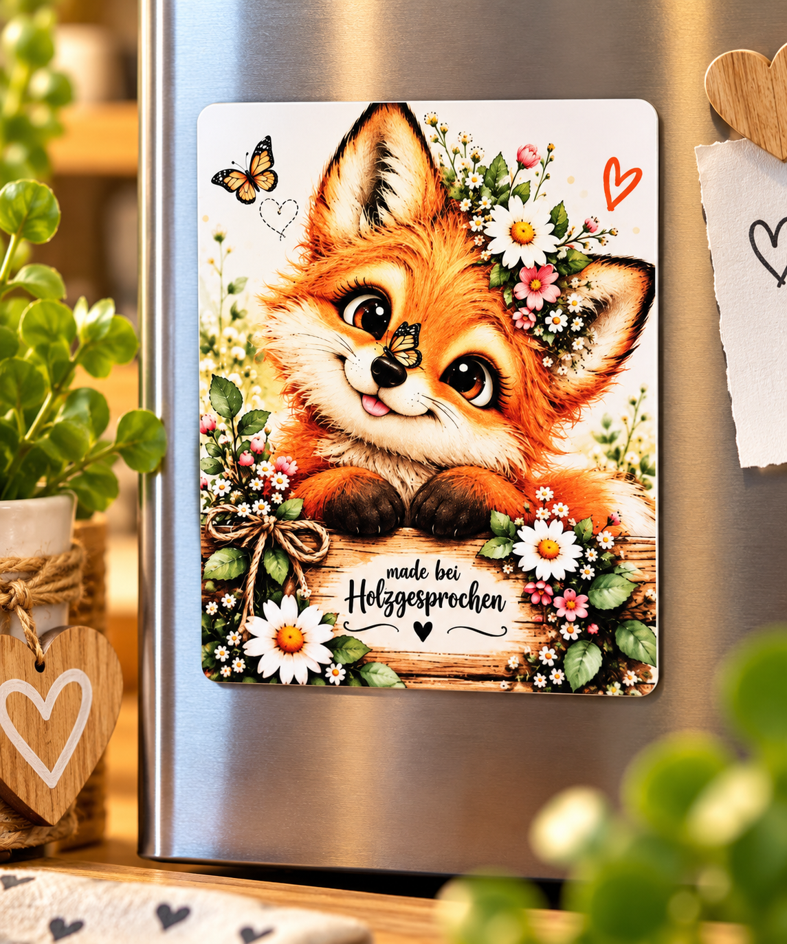 Kühlschrankmagnet Fuchs | Niedlicher Fuchs mit Blumen | 8x10 cm | Geschenk für Tierliebhaber | Fuchs Deko | Made by Holzgesprochen