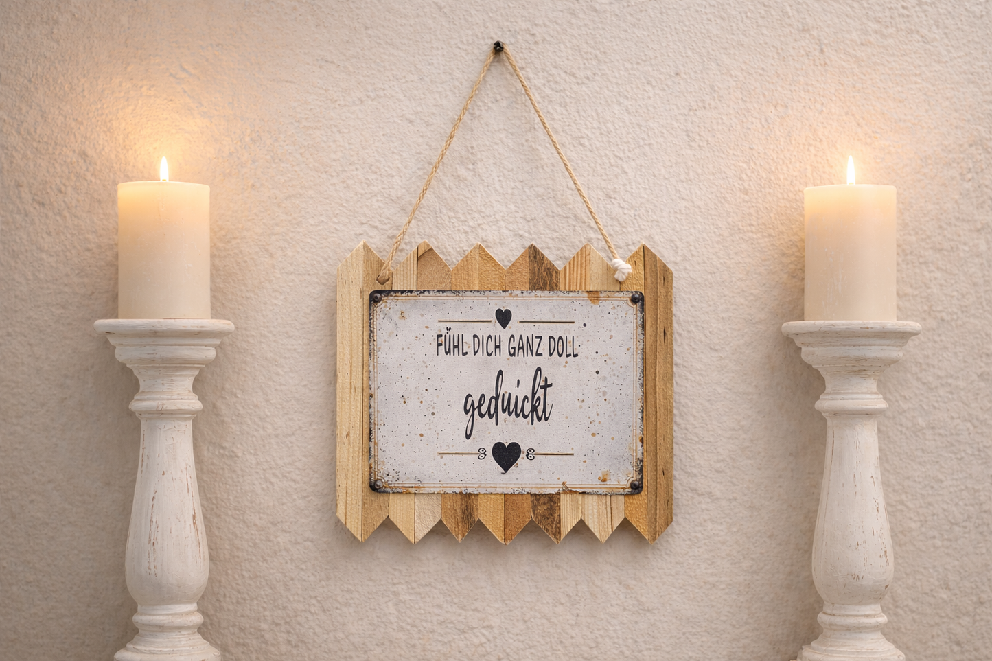 Fühl Dich gedrückt | Vintage Blechschild mit frechem Spruch  lustikale Wanddeko auf Altholz