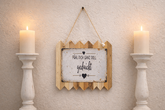 Fühl Dich gedrückt | Vintage Blechschild mit frechem Spruch  lustikale Wanddeko auf Altholz
