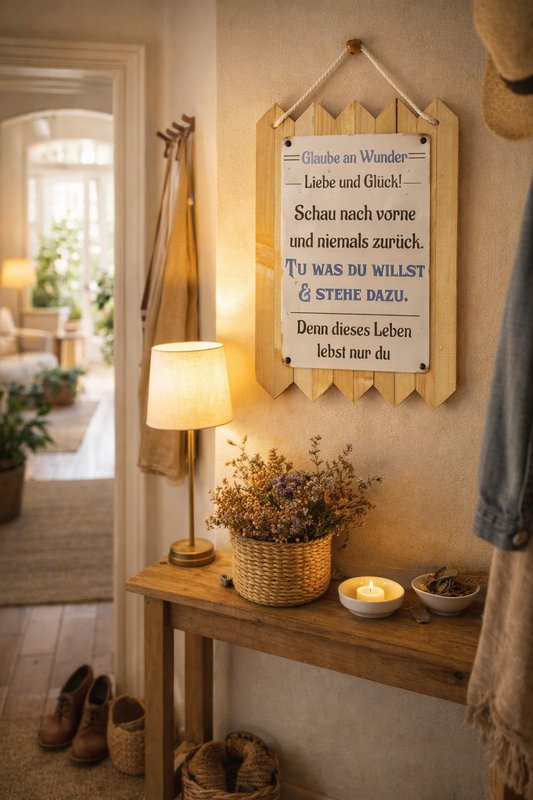 Blechschild auf Altholz- Glaube an Wunder, Liebe und Glück Lustige Vintage-Wanddeko & Geschenkidee