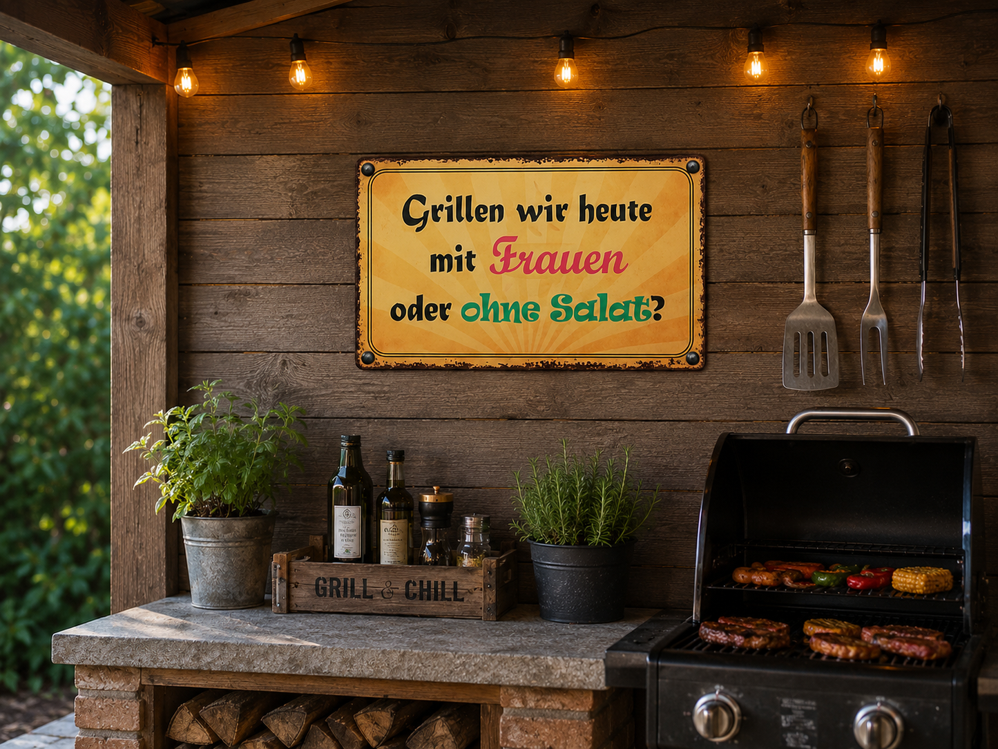 Lustiges Blechschild Garten – Grill - BBQ Schild – Grillen wir heute mit Frauen?  Frecher Spruch – Geschenk zum Einzug – Tür Deko