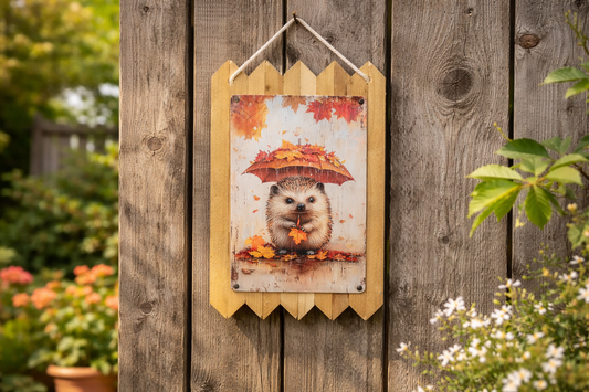 Blechschild Igel Deko – Gartendeko Schild mit Holzrahmen aus Altholz – Wanddeko Garten Terrasse Balkon – Tiermotiv Herbst 40 x 25 cm