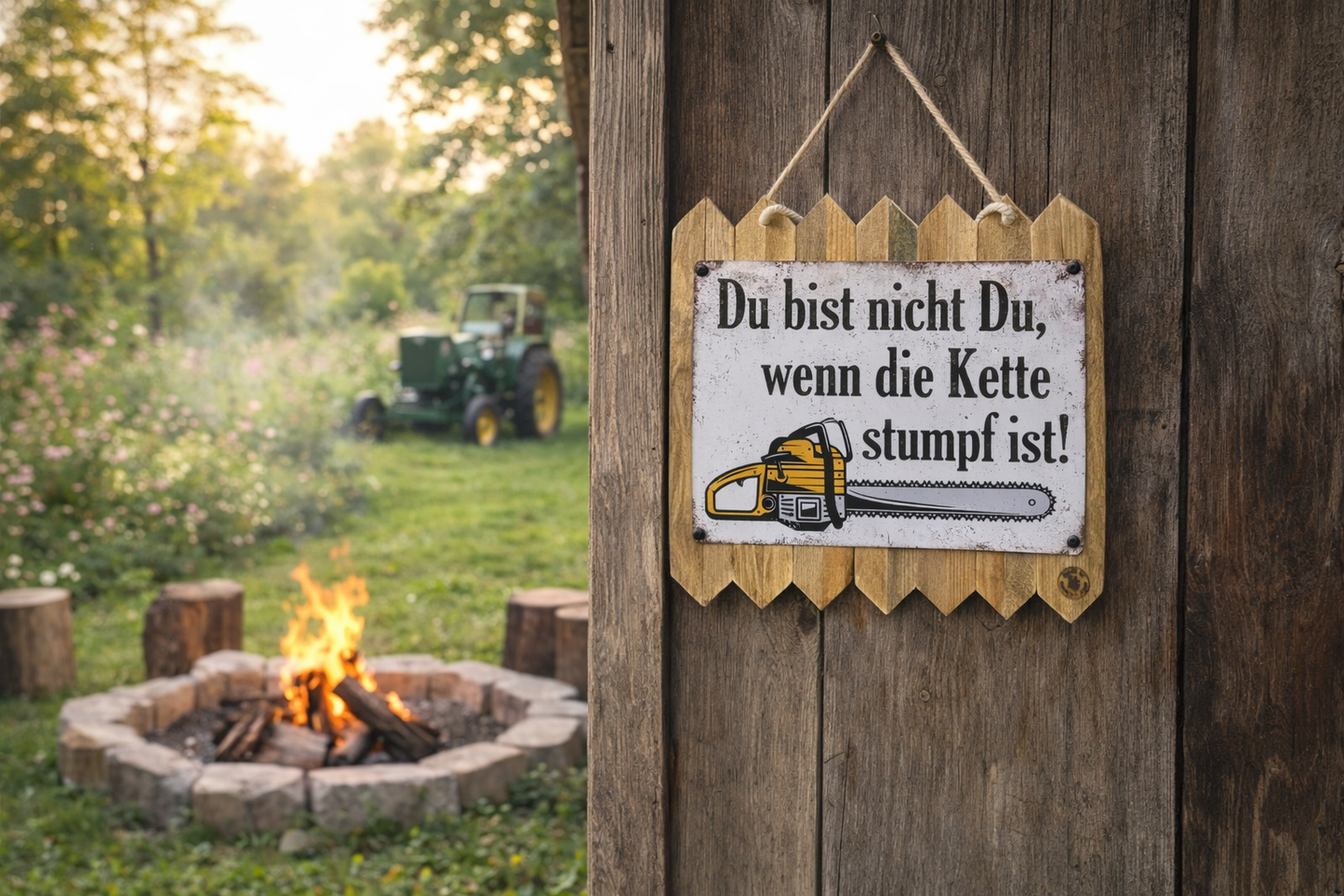 Blechschild Spruch Kettensäge Schild lustig – Geschenk Mann Holzfäller – Blechschild auf Altholz – Werkstatt Deko Motorsäge Spruch