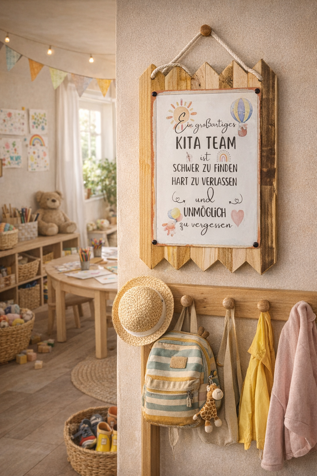 Kita Team Geschenk - Blechschild  „Ein großartiges Kita Team ist schwer zu finden…“ – Erzieher Geschenk Abschied – Kindergarten Deko – Holz