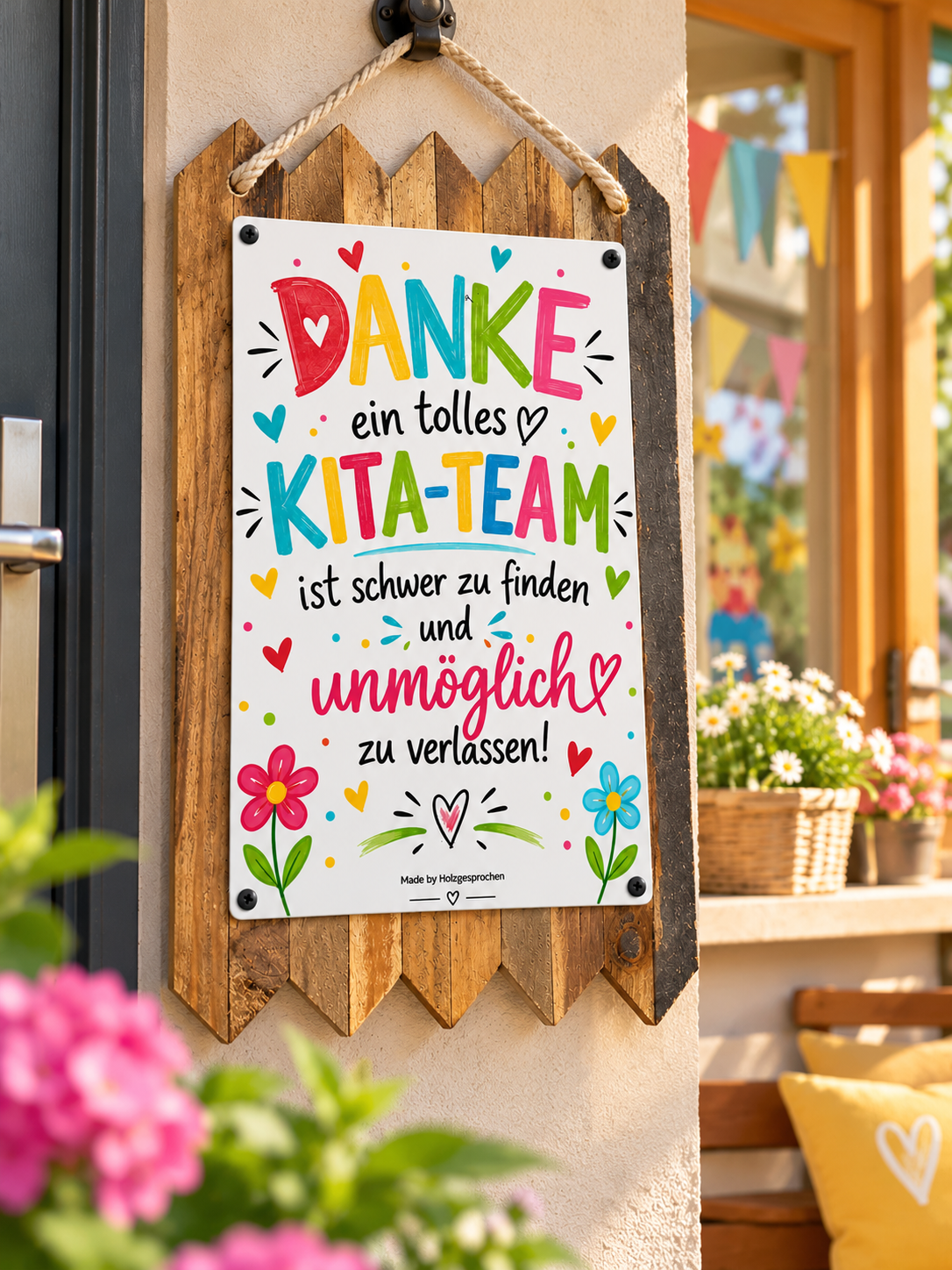 Kita Team Geschenk - Blechschild  „Ein großartiges Kita Team ist schwer zu finden…“ – Erzieher Geschenk Abschied – Kindergarten Deko – Holz
