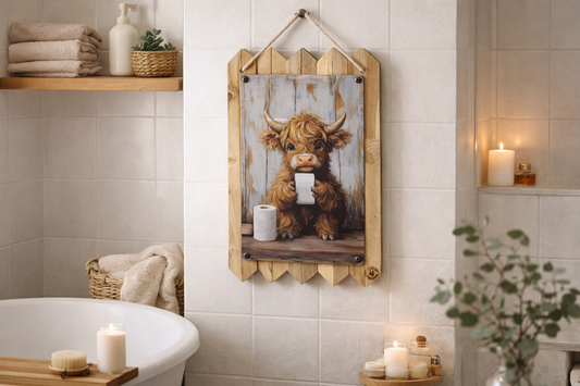 Highland  Rind  - Kuh mit Klopapierrolle – WC & Badezimmer Deko | Vintage Blechschild | 40 c 25 cm - Geschenkidee für Freunde