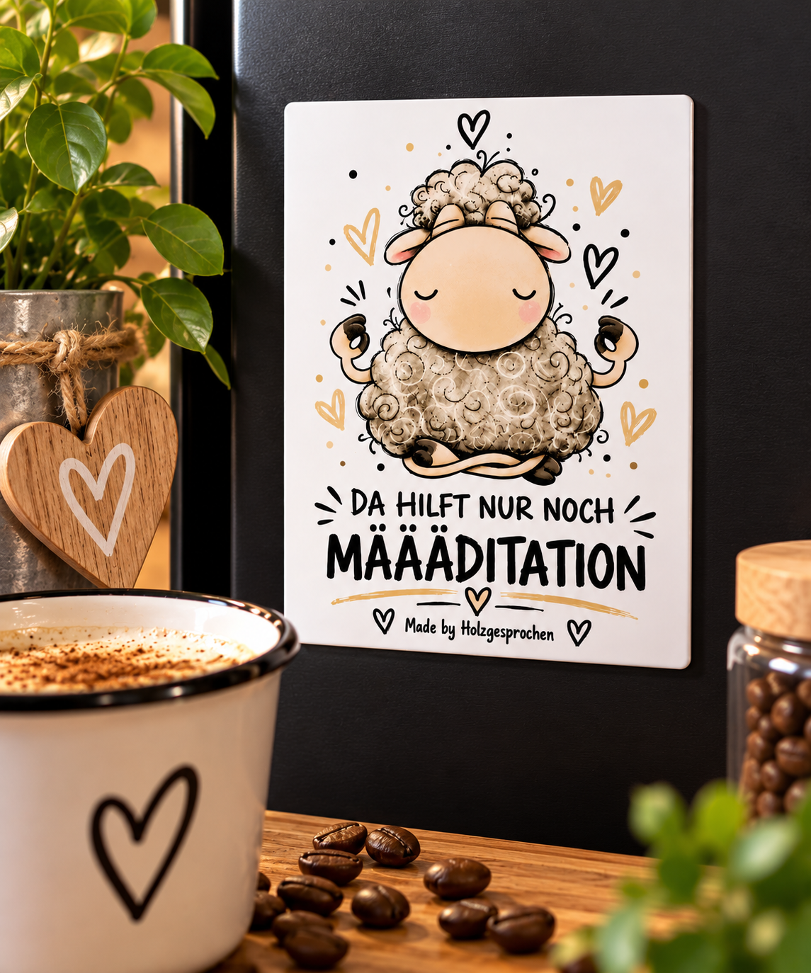 Kühlschrankmagnet Schaf | Lustiger Schaf Spruch „Määäditation“ | 8x10 cm | Lustiges Geschenk | Magnet Küche | Made by Holzgesprochen