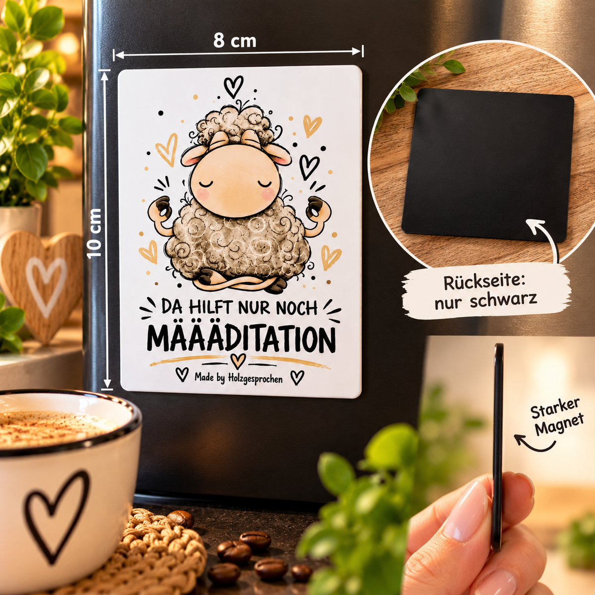 Kühlschrankmagnet Schaf | Lustiger Schaf Spruch „Määäditation“ | 8x10 cm | Lustiges Geschenk | Magnet Küche | Made by Holzgesprochen