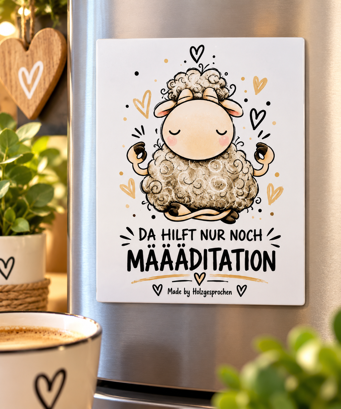 Kühlschrankmagnet Schaf | Lustiger Schaf Spruch „Määäditation“ | 8x10 cm | Lustiges Geschenk | Magnet Küche | Made by Holzgesprochen