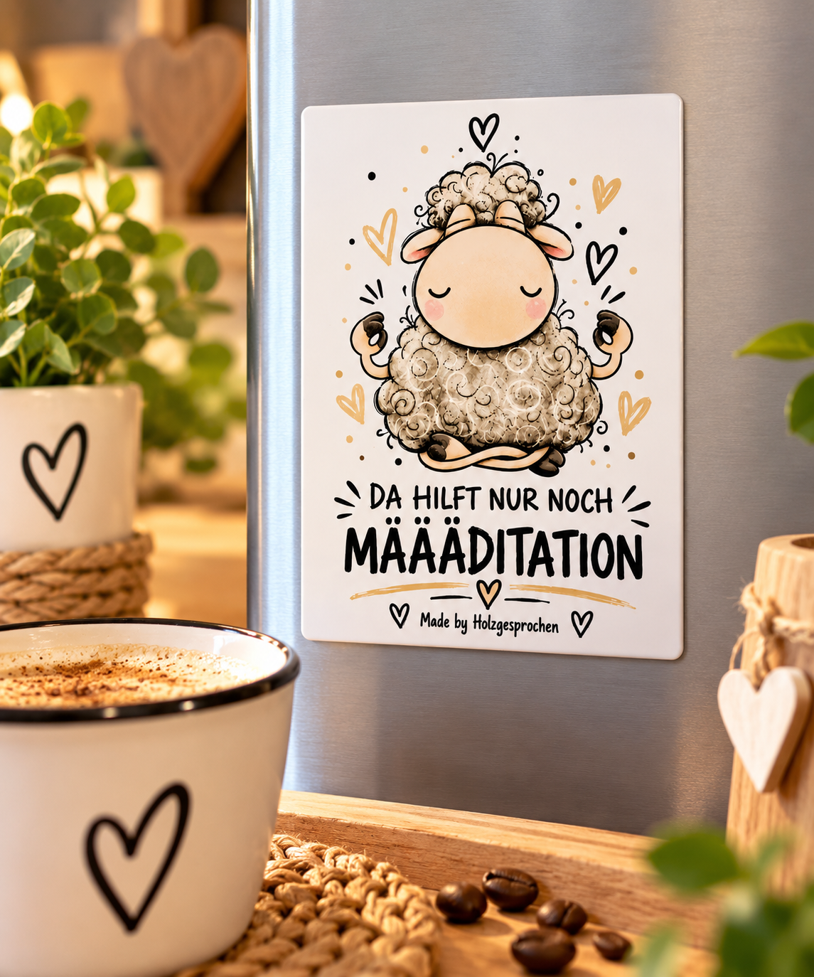 Kühlschrankmagnet Schaf | Lustiger Schaf Spruch „Määäditation“ | 8x10 cm | Lustiges Geschenk | Magnet Küche | Made by Holzgesprochen
