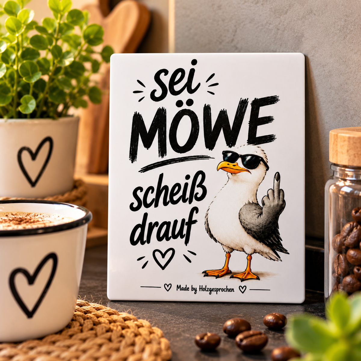 Kühlschrankmagnet Möwe | Lustiger Möwen Spruch | „Sei Möwe scheiß drauf“ | 8x10 cm | Freches Geschenk | Made by Holzgesprochen