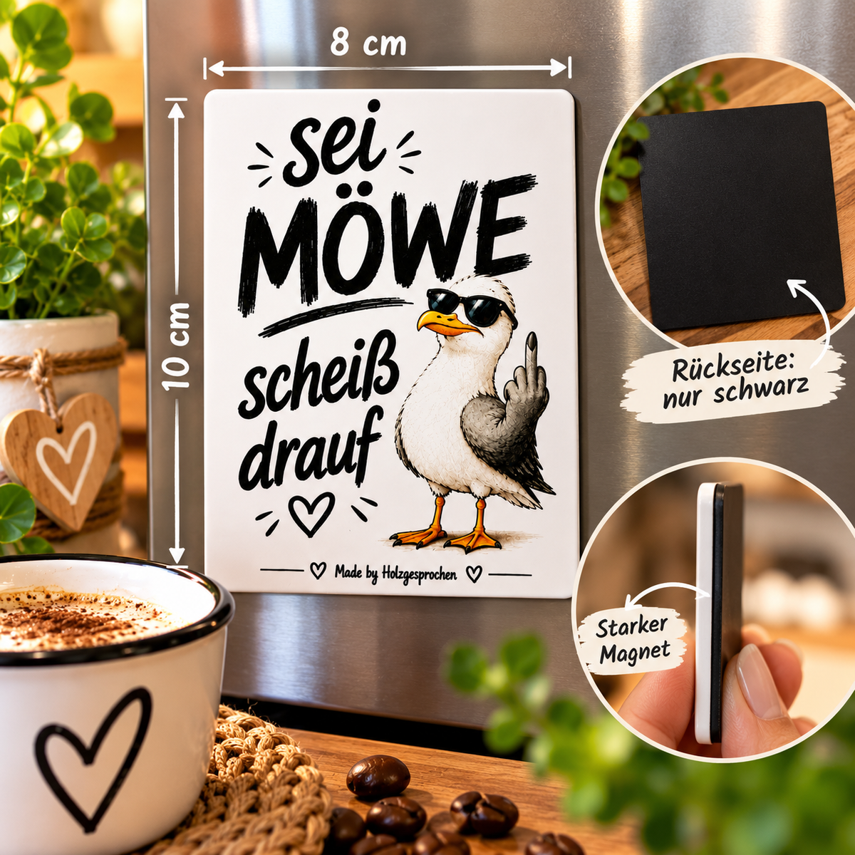 Kühlschrankmagnet Möwe | Lustiger Möwen Spruch | „Sei Möwe scheiß drauf“ | 8x10 cm | Freches Geschenk | Made by Holzgesprochen