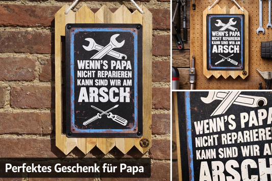 Lustiges Vatertag Geschenk – Blechschild „Wenn Papa nicht reparieren kann“ – Werkstatt Deko – Geschenk für Papa Männer Humor