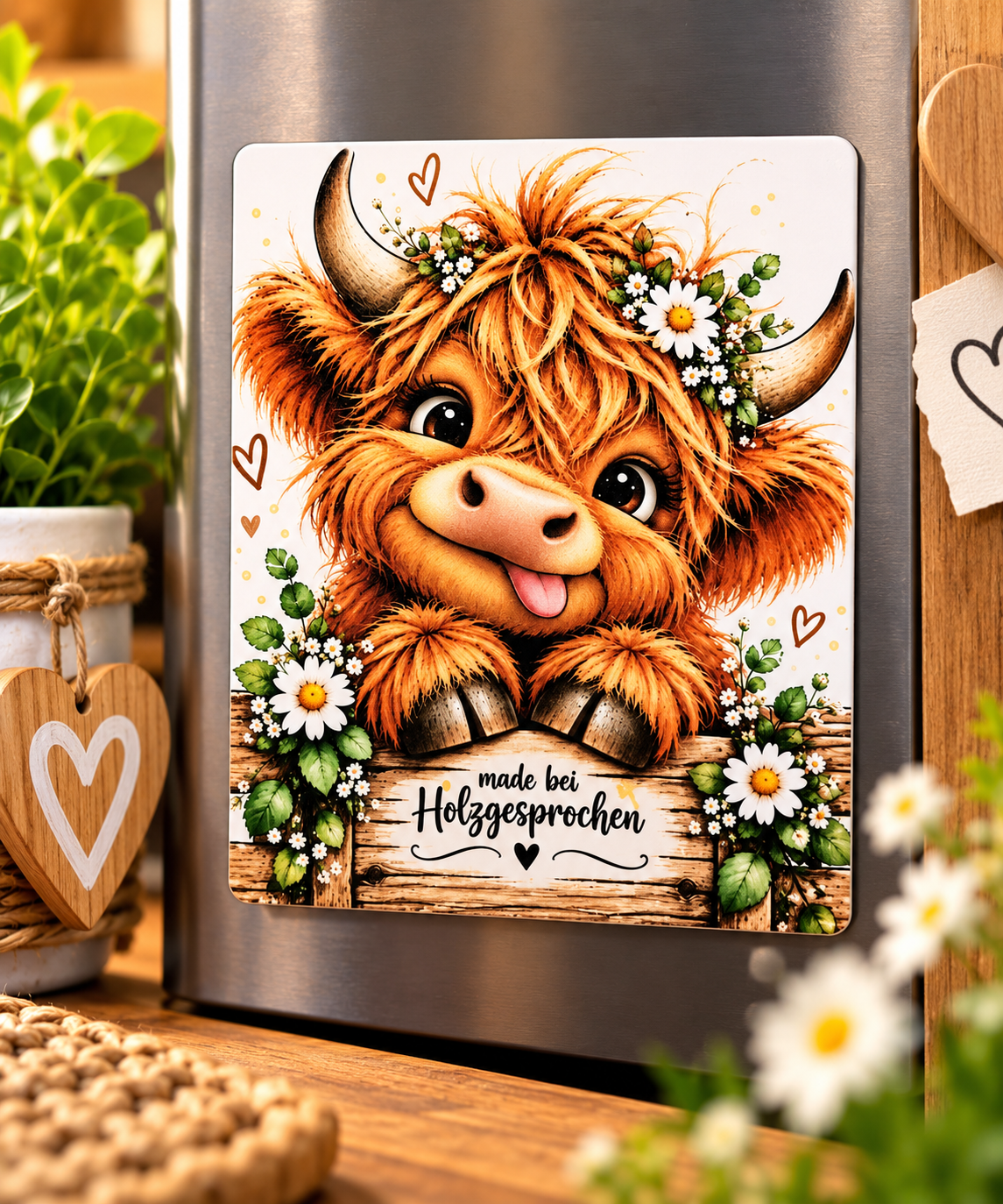 Kühlschrankmagnet Kuh | Highland Kuh Magnet 8x10 cm | Süße Kuh mit Blumen | Geschenk für Kuhliebhaber | Tier Magnet | Made by Holzgesprochen