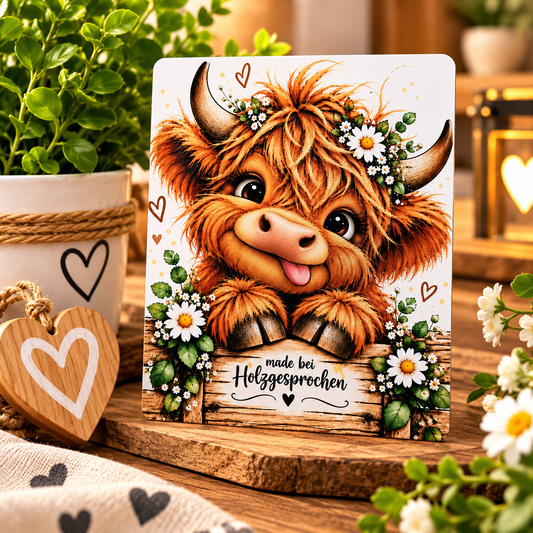 Kühlschrankmagnet Kuh | Highland Kuh Magnet 8x10 cm | Süße Kuh mit Blumen | Geschenk für Kuhliebhaber | Tier Magnet | Made by Holzgesprochen
