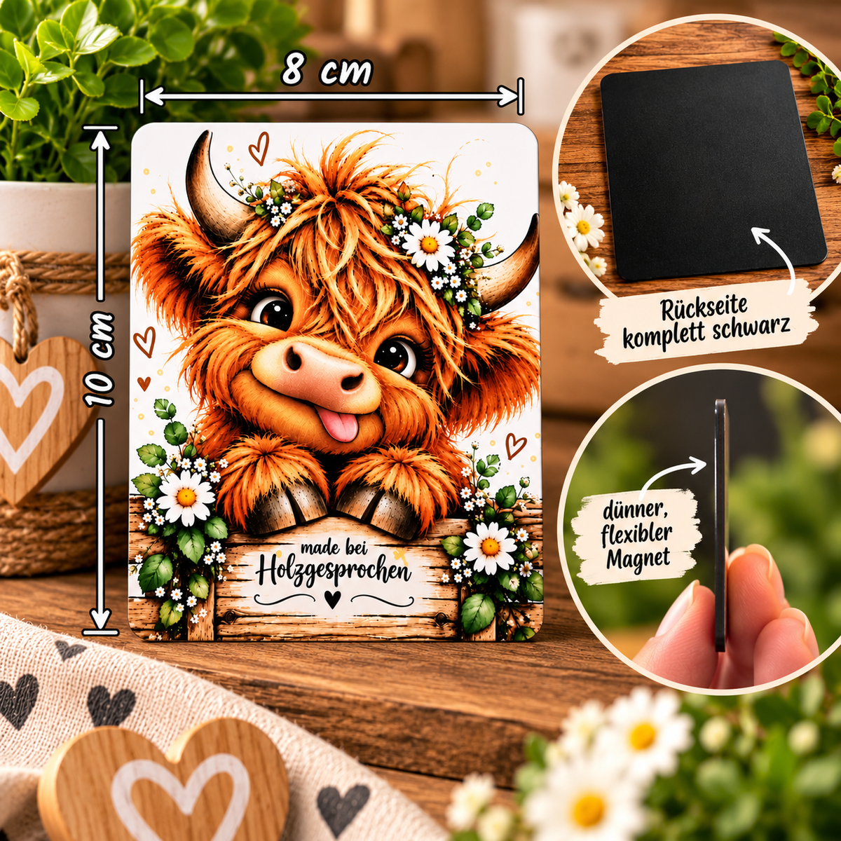 Kühlschrankmagnet Kuh | Highland Kuh Magnet 8x10 cm | Süße Kuh mit Blumen | Geschenk für Kuhliebhaber | Tier Magnet | Made by Holzgesprochen