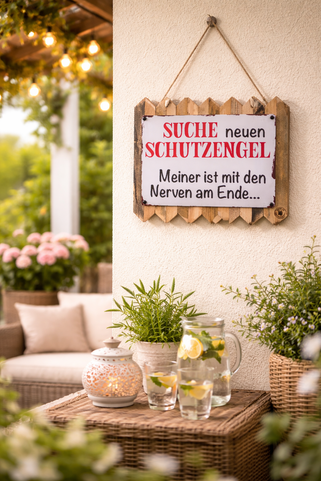 Lustiges Blechschild Schutzengel Spruch – Suche neuen Schutzengel meiner ist mit den Nerven am Ende – Altholz Geschenk