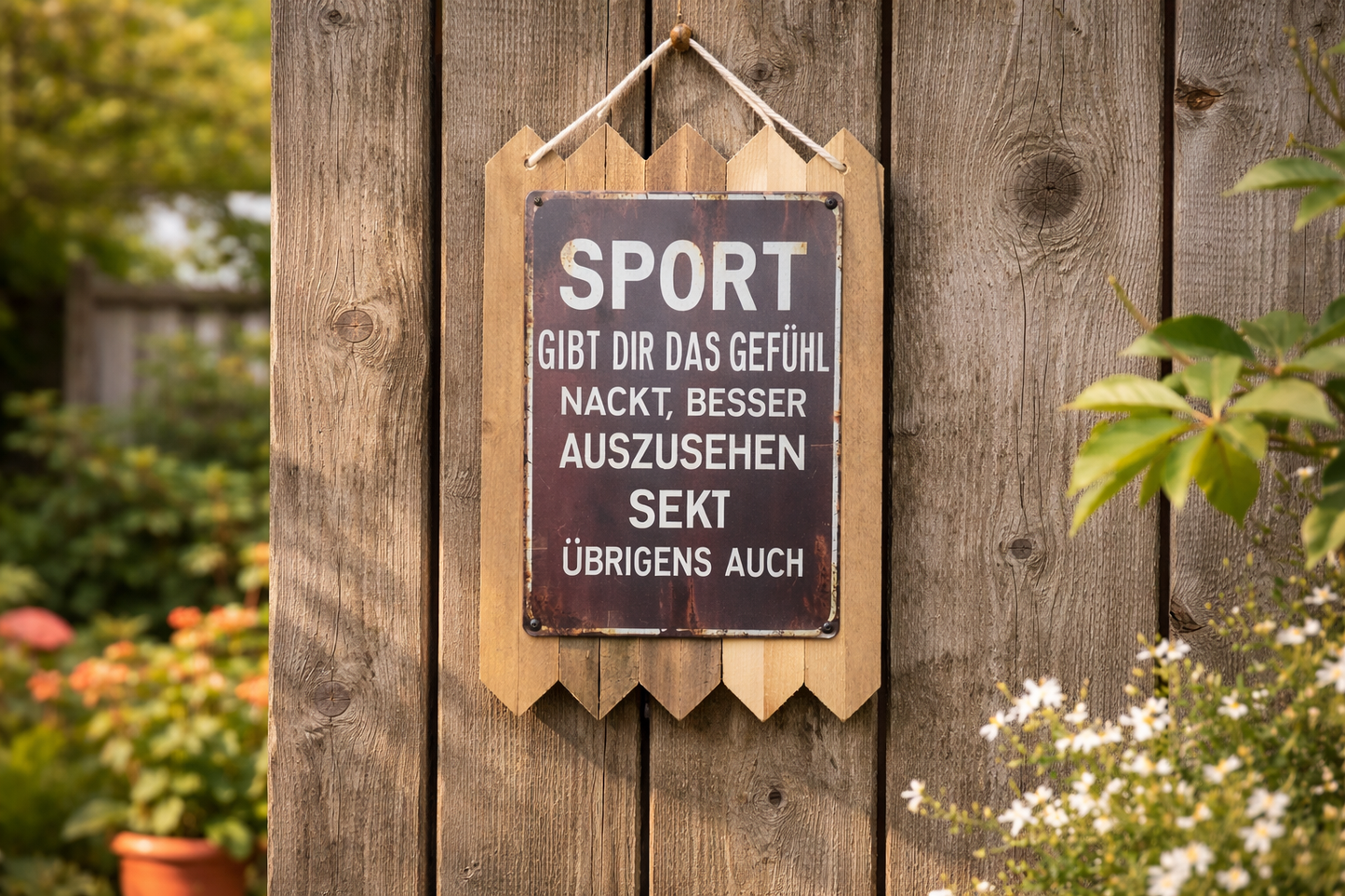 Blechschild Spruch lustig – Sport gibt dir das Gefühl nackt besser auszusehen – Wanddeko aus Altholz 40 x 25 cm