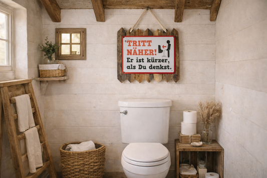 Blechschild - Tritt näher, er ist kürzer als du denkst auf Altholz, einmalige Badezimmer Deko 35 x 25 cm