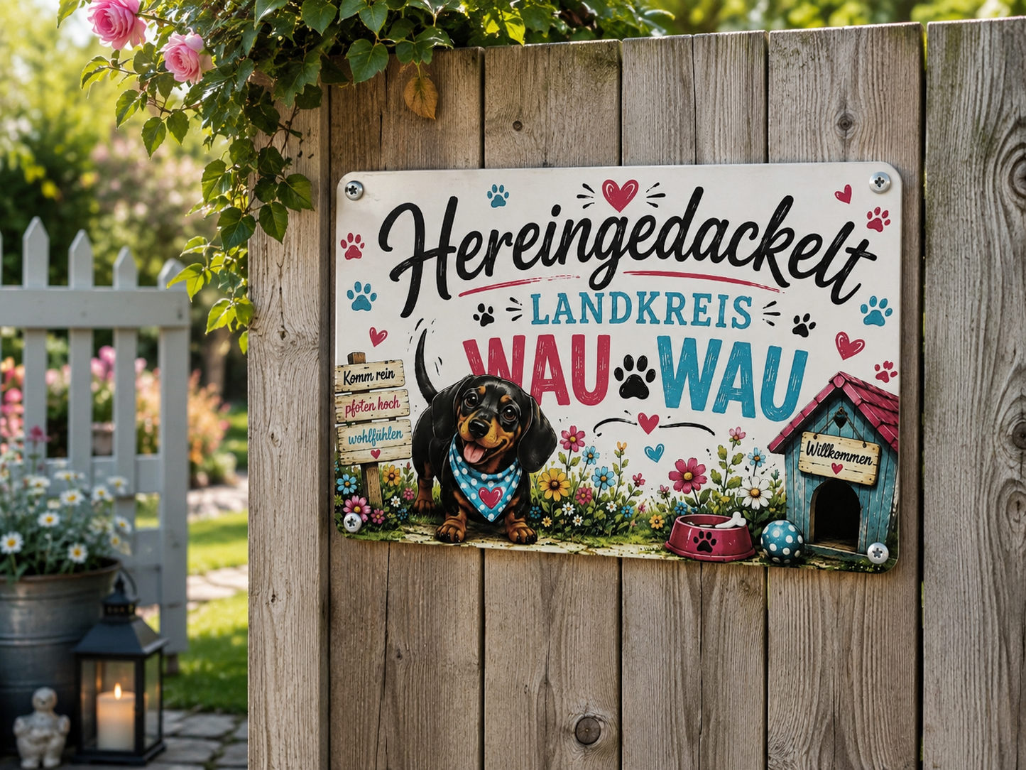 Blechschild Hund Garten, Lustiges Hundeschild, Hereingedackelt WAU WAU, Willkommensschild, Gartendeko, Hunde Geschenk, Hundeliebe