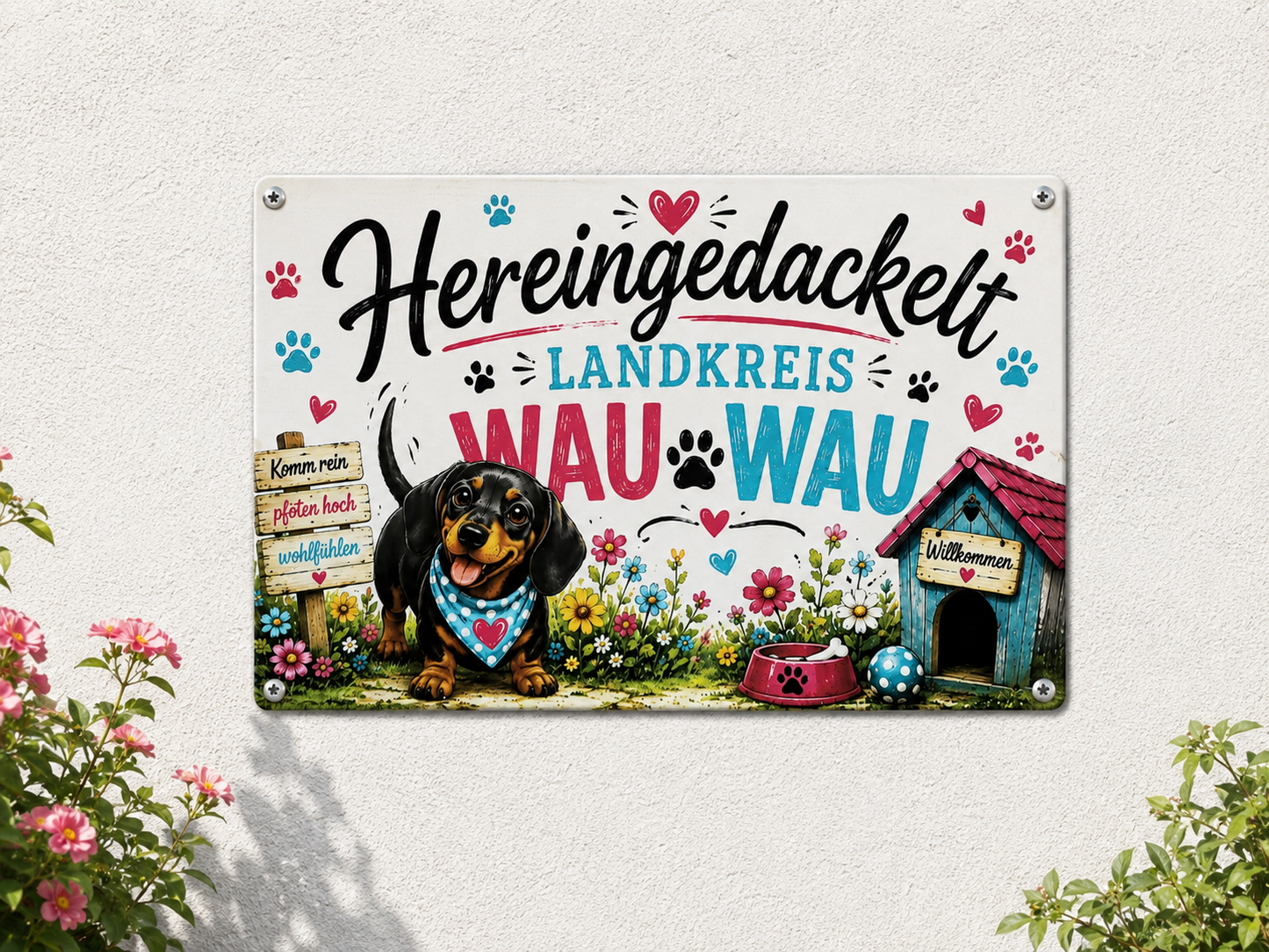 Blechschild Hund Garten, Lustiges Hundeschild, Hereingedackelt WAU WAU, Willkommensschild, Gartendeko, Hunde Geschenk, Hundeliebe
