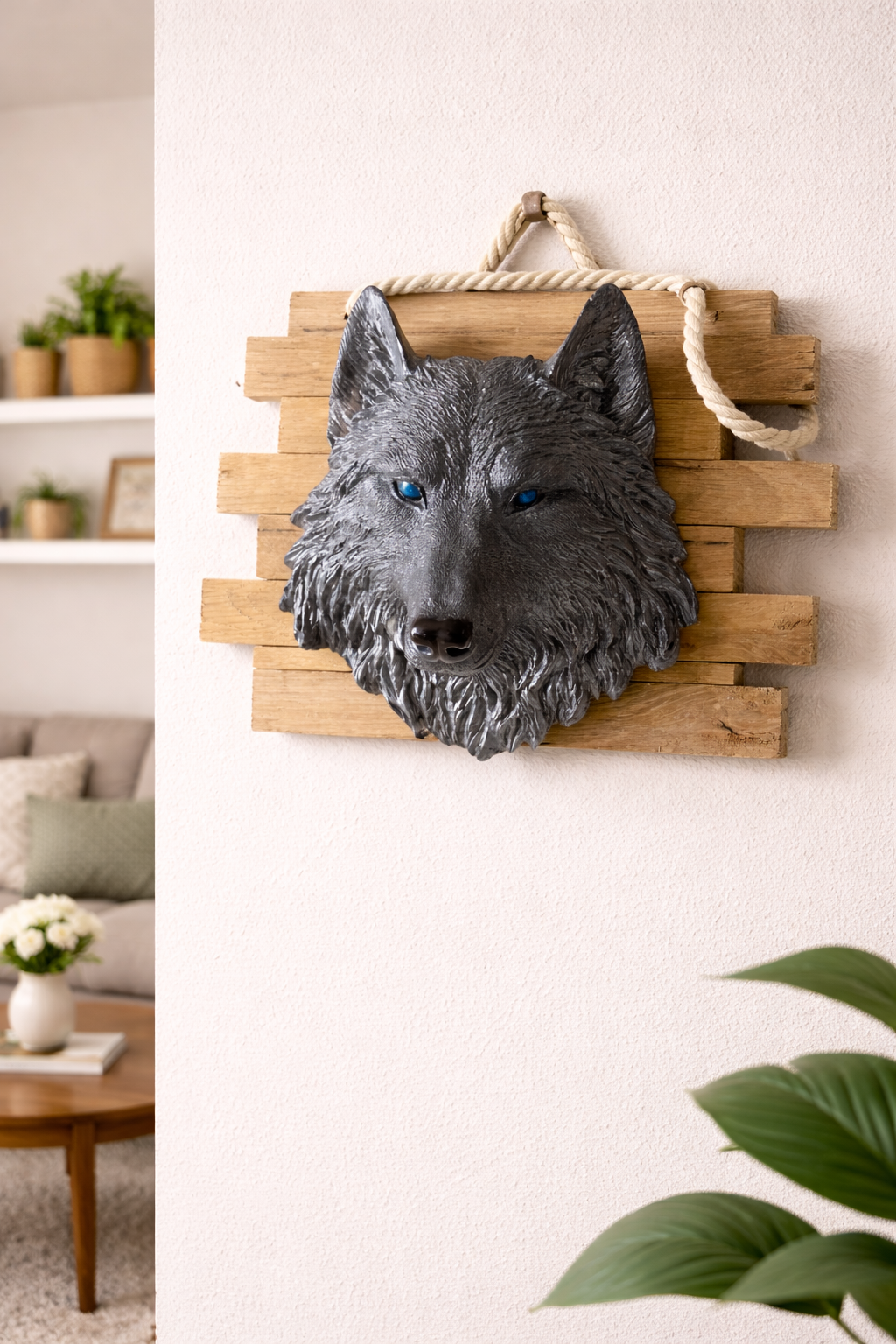 Wolfskopf Wanddeko 3D aus Resin auf Altholz – Rustikale Wolf Wanddekoration – Geschenk für Männer – Tierkopf Wandbild – Natur Deko