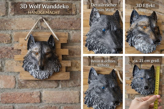 Wolfskopf Wanddeko 3D aus Resin auf Altholz – Rustikale Wolf Wanddekoration – Geschenk für Männer – Tierkopf Wandbild – Natur Deko